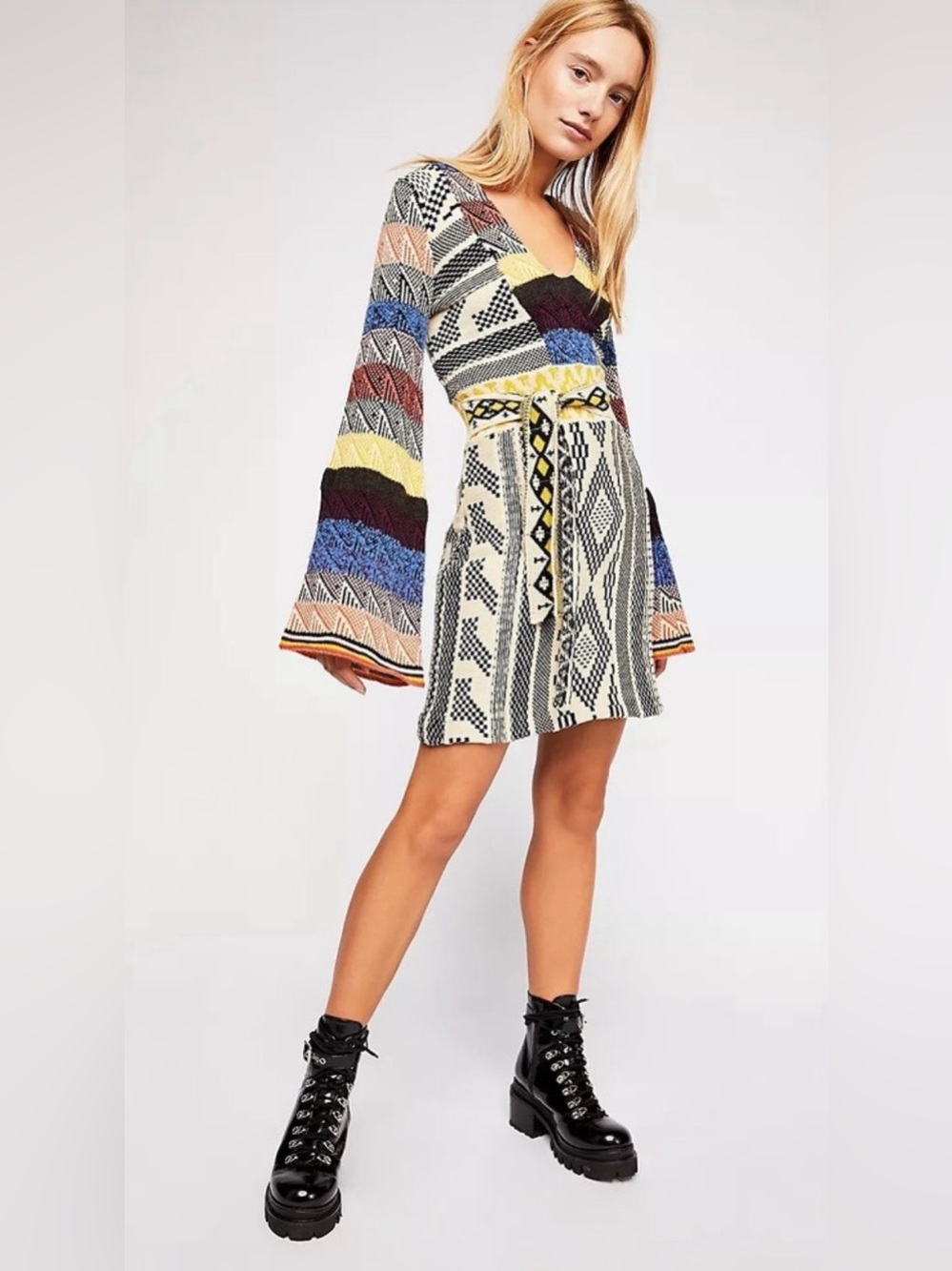 Free People Knit Mini Dress, Sz. XS, Multi Colored, Bell Sleeves, 3% Wool